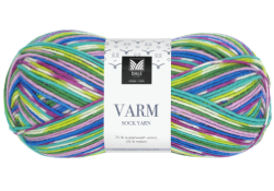 Garnet Varm i kulören pärongrön-blå-lila print. Sockgarn.