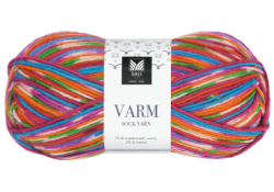 Garnet Varm i kulören röd-denim-ljusgul print. Sockgarn.